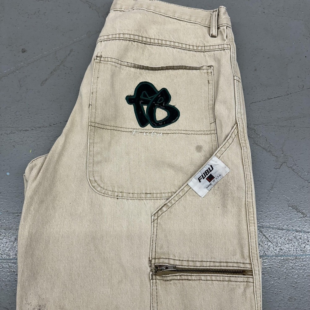 Vintage FUBU Jeans Mens 36x30 Beige Wide Leg Relaxed Fit Carpenter Denim USA 90s - Picture 4 of 14